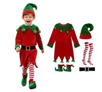 Générique Ensemble 5 PCS Costume d'Elfe de Noël pour Enfant Garçon, Deguisement Lutin Vert Noels Mascarade avec Chapeau de Elfe, Bas Rayés, Bottines et Ceinture, Tenue Fancy Dress sur Scène Cosplay