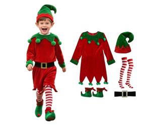 Générique Ensemble 5 PCS Costume d'Elfe de Noël pour Enfant Garçon, Deguisement Lutin Vert Noels Mascarade avec Chapeau de Elfe, Bas Rayés, Bottines et Ceinture, Tenue Fancy Dress sur Scène Cosplay