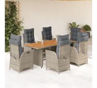 Générique Ensemble à Manger de Jardin 7 Pcs Gris Rotin | Dossier réglable avec poignée, coussins épais amovibles et lavables, dessus en bois d'acacia