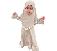 Générique Ensemble Abaya pudique pour petites filles avec Hijab, Robe islamique manches longues ourlet à volants avec bordure pompon, Vêtements musulmans doux pour bébé au quotidien, Ramadan & Aïd