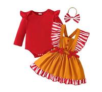 Générique Ensemble Bébé Fille 3-18M Combinaison Manches Longues Volants Rayures Noeud Et Jupe Salopette Tenue Complète avec Serre Tête(Red, 3-6 Months)
