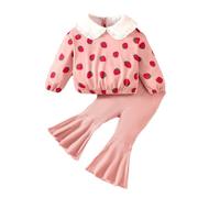 Générique Ensemble Bébé Fille Automne 2026 Haut Manches Longues Col Poupée Imprimé Fraise Et Pantalon Évasé Tenue Douce Vêtement Nouveau Né(Red, 2-3 Years)