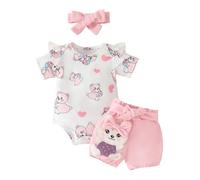 Générique Ensemble Bébé Fille Combinaison Manches Courtes Cartoon Ours Imprimé Et Short Noeud avec Serre Tête Tenue Complète Vêtement Nouveau Né(Red, 6-9 Months)