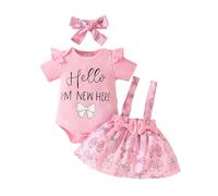 Générique Ensemble Bébé Fille Combinaison Manches Courtes Côtes Lettres Imprimé Et Jupe Salopette Noeud avec Serre Tête Tenue Complète Vêtement Nouveau Né(Red, 6-9 Months)