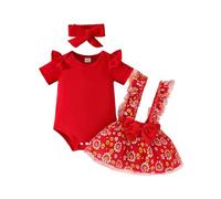 Générique Ensemble Bébé Fille Combinaison Manches Courtes Volants Imprimé Pâquerette Et Jupe Salopette avec Serre Tête Tenue Complète Vêtement Nouveau Né(Red, 0-3 Months)