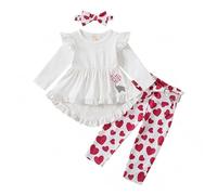 Générique Ensemble Bebe Fille Ensemble Fille Saint-Valentin Haut Manches Longues Imprimé Pantalon Motifs Cœurs Bandeau Tenue Décontractée Polyvalente (White, 18-24 Months)