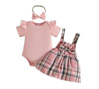 Générique Ensemble Bebe Fille Manches Courtes Body Cotes Noeud Papillon Carreaux Jupe Salopette Bandeau Tenue 3-18 Mois(6-9 Months)