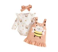 Générique Ensemble Bebe Fille Manches Longues Body Cartoon Imprime Abeille Robe Salopette Bretelles Volants Bandeau 3-18 Mois(Yellow, 0-3 Months)