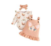 Générique Ensemble Bebe Fille Manches Longues Body Cartoon Imprime Papillon Robe Salopette Bretelles Volants Bandeau 3-18 Mois(White, 0-3 Months)