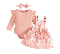 Générique Ensemble Bebe Fille Manches Longues Body Cotes Broderie Fleur Robe Salopette Bretelles Noeud Bandeau Photo 0-18 Mois(3-6 Months)