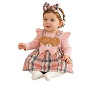 Générique Ensemble Bebe Fille Manches Longues Body Cotes Noeud Ourson Carreaux Jupe Salopette Bandeau 3-18 Mois(9-12 Months)