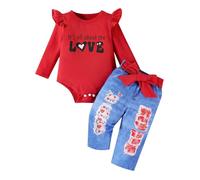 Générique Ensemble Bebe Fille Saint Valentin Manches Longues Body Lettre Imprime Pantalon Jean Noeud Coeur 3-18 Mois(Red, 3-6 Months)