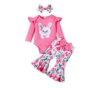 Générique Ensemble Bébé Garçon Fille Pâques Combinaison Manches Longues Lapin Et Pantalon Fleuri Noeud Évasé avec Serre Tête Tenue Complète Vêtement Nouveau Né(Red, 0-3 Months)