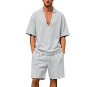Générique Ensemble Bermuda Chemise Homme Coton Lin Couleur Pure Col En V Décontracté Léger Respirant Confort Tracksuit Tenue De Plage Vêtements De Sport Ensemble Homme été Casual Chic Et Elegant