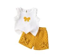 Générique Ensemble Blouse sans Manches brodée avec nœud Papillon pour Filles - Tenue d'été légère pour Enfants avec Un Joli Haut et Un Bas Assorti (Yellow, 18-24 Months)