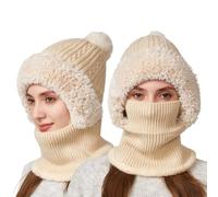 Générique Ensemble Bonnet Femme Tricoté Épais D'Hiver Chaud Tricot Tour De Cou Avec Doublure Polaire Pour En Cosy Écharpe Anniversaire Laine Cache Masque Intégré (Beige,Taille unique)