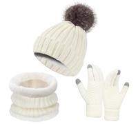 Générique Ensemble Bonnet Femme Tricoter Hiver Pompom Coffret Écharpe De Doublure Polaire Gants Pour Moto Ski Vélo Sport Echarpe Tour Cou Tubulaire Foulard Coupe Vent (WH2,Taille unique)