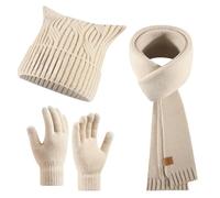Générique Ensemble Bonnet Femme Velours Echarpe Gants Cache Cou Oreilles De Ski D'Hiver Avec Doublure En Polaire Cosy Écharpe Homme Hiver Thermique Tour Un Cache-Cou (Beige,Taille unique)