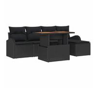 Générique Ensemble Canape Jardin 6 Pieces Noir Poly Rattan | Avec Coussin, Acier Peint, Bois Acacia Massif, 2 Fauteuils, 2 Sieges Centraux, Repose-Pieds