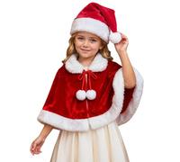 Générique Ensemble Cape et Bonnet de Noël en Rouge Velours Filles Châle du Père Noël avec Jolis Pompons Costumes de Cosplay Chaud Anti-Froid pour Fête, Carnaval, Réveillon et Célébration Festive