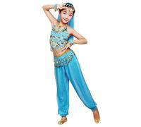 Générique Ensemble Danse du Ventre Enfant 5 PCS Costume Indien Orientale avec Haut à Paillettes, Pantalon Mousseline, Bracelets, Chaîne de Hanche et Voile, Tenue Belly Dance pour Performance Fête