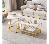 Générique Ensemble de 2 Tables Basses Rondes et Rectangulaires, Ensemble Moderne de Tables Basses, Placage Marbre, Cadre en Métal, Table à Café, Adapté pour Salon, Balcon et Bureau,Or