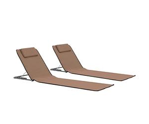 Générique Ensemble de 2 Tapis de Plage Pliables avec Dossier, Cadre en Acier et Tissu Marron, Chaise Longue avec Poche de Stockage et Oreiller intégré, Dossier réglable pour Sieste, Pliable