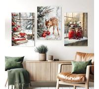 Générique Ensemble de 3 affiches murales de Noël représentant des cerfs, un paysage d'hiver avec des boules rouges et des sapins, décoration de fêtes pour le salon et la chambre (30 x 40 cm)