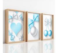 Générique Ensemble de 3 Décorations Murales Moderne, Impression HD pour Salon Chambre à Coucher, Posters 3D Fille Princesse Bleu Ciel Nœud Cœur Cerise Sans Cadre, Tableau Mural, 21 x 29.7 cm