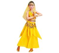 Générique Ensemble de 4 Pièces Robe Indienne Fille - Costume de Danse Orientale, Tenue de Spectacle de Scène avec Jupe Plissée, Top Ajustable, Chaîne de Taille et Voile, Vêtement de Fête Mignon