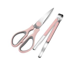 Générique Ensemble de Ciseaux Cuisine et Pinces à Barbecue en Acier Inoxydable Kit 2 Pièces Rose pour Découpe de Viande et Légumes Ustensiles Pratiques pour Maison Buffet et Grillades