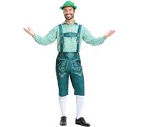 Générique Ensemble de Costumes Allemands Oktoberfest Bavarois pour Hommes,Lederhosen avec Bretelles Réglables et Broderies,Chemise à Carreaux,Costume Alsacien Homme.Deguisement Halloween Adulte