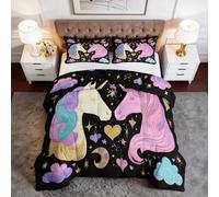 Générique Ensemble de Couette Douce sans Housse Onirique Céleste Animaux Licorne pour Filles Enfants, Légère Réversible Respirante Chaude 4 Saisons avec 2 Taies d'oreiller, 200 x 220 cm, Noir
