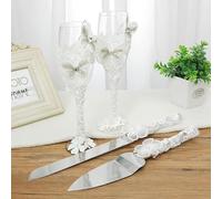 Générique Ensemble De Flûtes à Champagne De Mariage, Vaisselle Décorée De Strass en Dentelle, Couteau à Gâteau Dentelé en Acier Inoxydable, Cadeau De Mariage pour Les Jeunes Mariés (A)