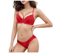 Générique Ensemble de Lingerie Femme Hot Push Up Nuisettes Taille Haute Maille Transparente Jarretelles sous Vêtement Nuisette String Audacieux brodé Rose Floral Transparent (Red, 80E)