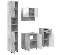 Générique Ensemble de Mobilier de Salle de Bain 4 pc Gris Béton | Bois d'ingénierie, poignées métal, meuble sous-vasque mural, cabinet haut et bas, rangement serviettes