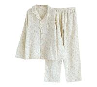 Générique Ensemble De Pyjama Femme Gaze De Coton,Ensemble Pyjama Femme Chic Et Elegant à Manches Longues VêTements De Nuit Deux PièCes Cardigan Col en V avec Boutons Et Pantalon Tenue De Maison