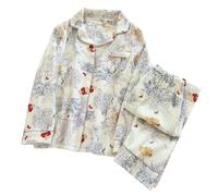 Générique Ensemble De Pyjama Femme Gaze De Coton,Ensemble Pyjama Femme Chic Et Elegant à Manches Longues VêTements De Nuit Deux PièCes Cardigan Col en V avec Boutons Et Pantalon Tenue De Maison