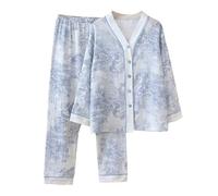 Générique Ensemble De Pyjama Femme Gaze De Coton,Ensemble Pyjama Femme Chic Et Elegant à Manches Longues VêTements De Nuit Deux PièCes Cardigan Col en V avec Boutons Et Pantalon Tenue De Maison