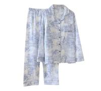 Générique Ensemble De Pyjama Femme Gaze De Coton,Ensemble Pyjama Femme Chic Et Elegant à Manches Longues VêTements De Nuit Deux PièCes Cardigan Col en V avec Boutons Et Pantalon Tenue De Maison