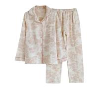 Générique Ensemble De Pyjama Femme Gaze De Coton,Ensemble Pyjama Femme Chic Et Elegant à Manches Longues VêTements De Nuit Deux PièCes Cardigan Col en V avec Boutons Et Pantalon Tenue De Maison