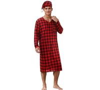 Générique Ensemble de Pyjama Homme à Carreaux avec Peignoir et Bonnet de Nuit Vêtement de Nuit Confortable Col V Tenue de Repos Complète pour la Maison(Red, L)