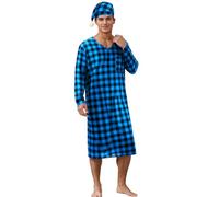 Générique Ensemble de Pyjama Homme à Carreaux avec Peignoir et Bonnet de Nuit Vêtement de Nuit Confortable Col V Tenue de Repos Complète pour la Maison(Blue, L)