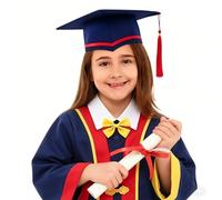Générique Ensemble de Remise des Diplômes Enfant Robe Bleue à Garnitures Rouge et Jaune avec Chemise Blanche et Nœud Papillon, Tenue Académique Complète pour Fête de Fin d'Année