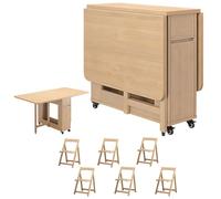 Générique Ensemble De Salle à Manger, Table à Manger Pliante en Bois Massif, Table Extensible avec 6 Chaises, pour Appartement, Cuisine Et Salon,Natural,A