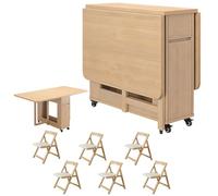 Générique Ensemble De Salle à Manger, Table à Manger Pliante en Bois Massif, Table Extensible avec 6 Chaises, pour Appartement, Cuisine Et Salon,Natural,B