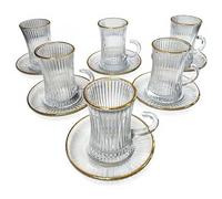 Générique Ensemble de Verres à Thé Turc avec Soucoupes, 6 Personnes, Verre Transparent avec Bordure Dorée, Tasses avec Anses