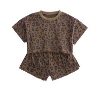 Générique Ensemble de vêtements d'été à imprimé léopard pour bébé fille et enfant en bas âge, t-shirt et pantalon court, 2 pièces (Coffee, 12-18 Months) Ensemble Fille Été