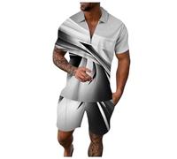 Générique Ensemble décontracté deux pièces pour hommes chemisier rayé à manches courtes avec fermeture éclair imprimé rampe cordon serré poche pratique short assorti (Grey, M)