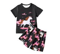 Générique Ensemble Décontracté pour Fille à Manches Courtes avec Imprimé Cheval Tenue Confortable pour Jeu et Activités Extérieures en Saison Chaude